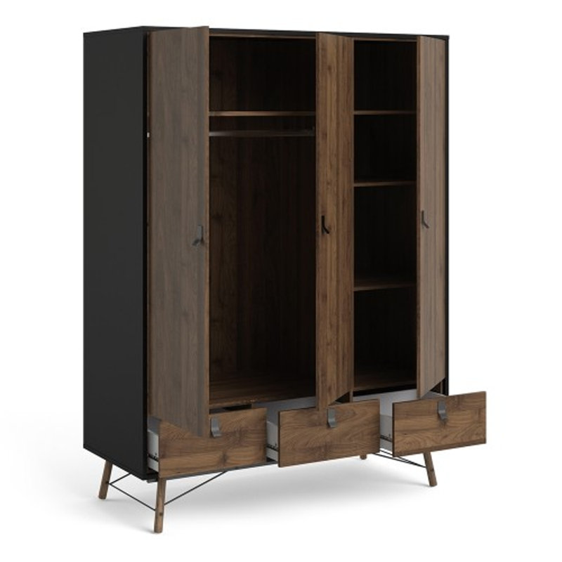 Adakras 3 Door Solid Wood Wardrobe, Matte Black