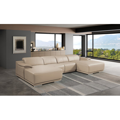 DivanItalia Cream 4-Piece U-Shaped Sectional in Top-Grain Italian Leather with Adjustable Headrests – Open Layout