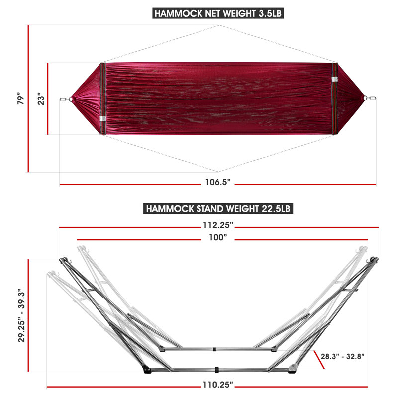 Hamac double avec support Tranquillo, capacité double de 650 lb avec barre d'écartement, acier inoxydable de qualité 201, installation des années 30, portatif, robuste, intérieur et extérieur, rouge