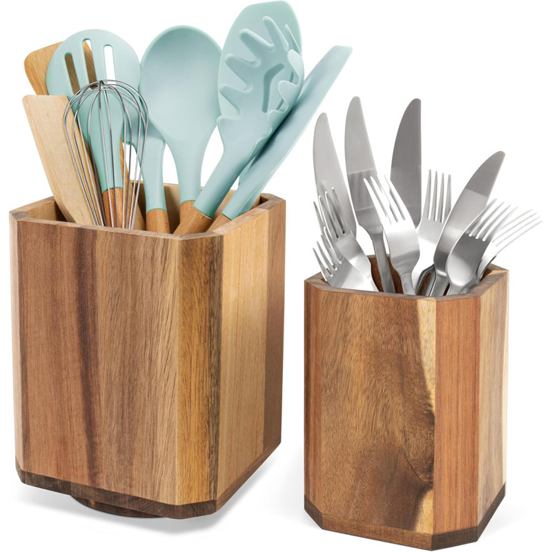 Ensemble de porte-ustensiles en bois d'acacia, organisateur de cuisine rotatif à 360 °, rangement de comptoir pour les ustensiles de cuisine et les ustensiles de cuisine, décor de style maison de campagne
