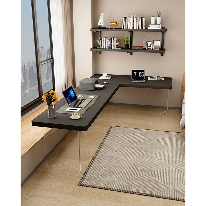 Bureau noir en bois massif en forme de L avec base en acrylique, H 29,53 po x l 70,87 po x P 47,24 po