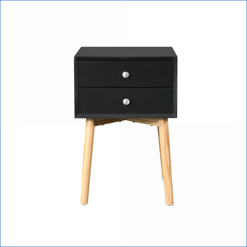 Black Mid-Century Modern Nightstand with 2 Drawers and Rubber Wood Legs