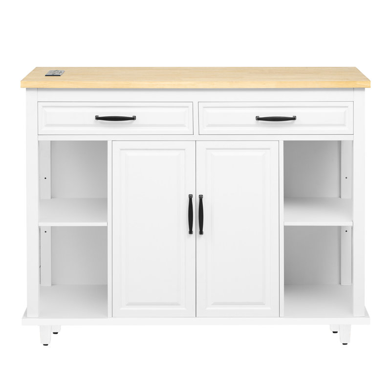 Îlot de cuisine avec table de préparation de repas extensible, surface en placage de bois d'hévéa, compartiments de rangement, station de recharge