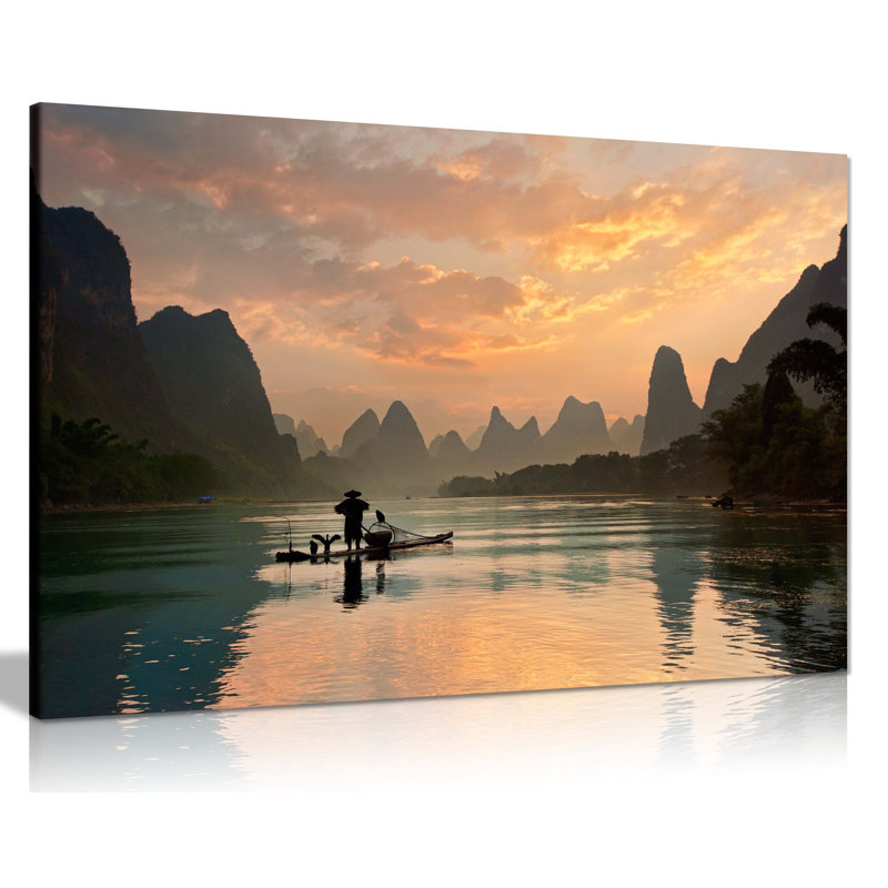 Golden Sunset Li Jiang River - Wrapped Canvas Print, 20cm H x 31cm W