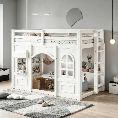 Lit mezzanine bas en bois, lit mezzanine pour enfants avec fenêtres de jeu, étagères ouvertes et rangements intégrés, lit mezzanine cabane en bois massif, lit mezzanine pour chambre d'enfant