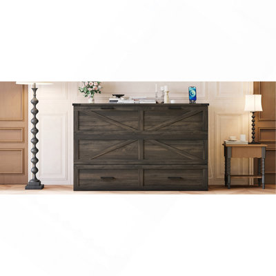 Queen Size Farmhouse Murphy Cabinet Bed With Charging Station, Foldable Platform Bed With Large Storage Drawer For Guest-Room