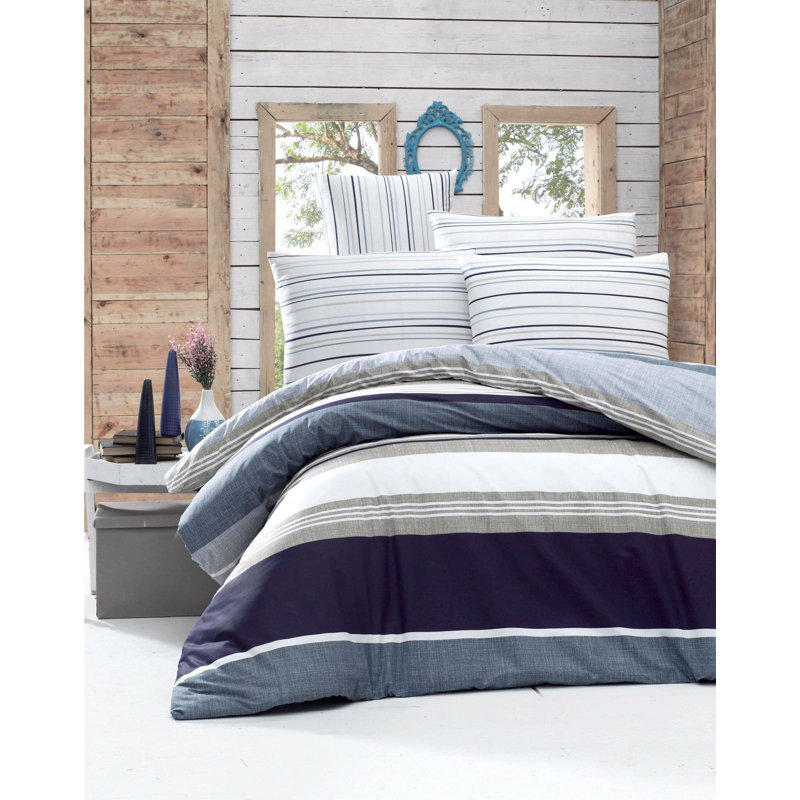 Ensemble de housse de couette simple 100% coton Ranforce, bleu / blanc / gris, housse de couette 61 x 79 et taie d'oreiller 20 x 31 | 145 fils, lavable à la machine, fermeture à boutons | Literie douce et durable pour des nuits douillettes
