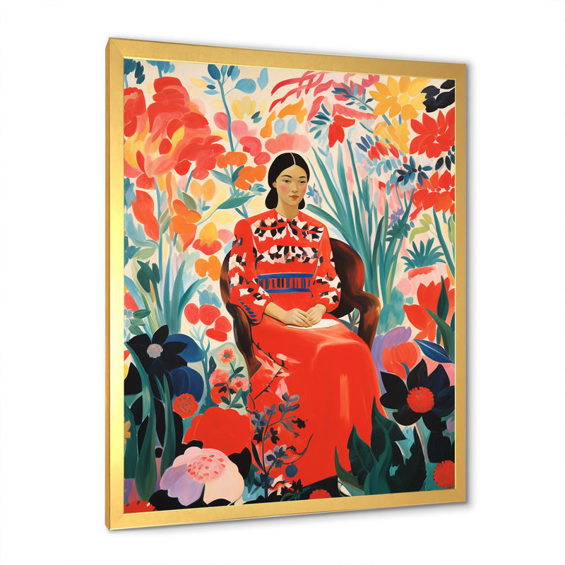 Portrait floral mexicain III - art mural mexicain, Cadre doré simple, H 32 po x l 16 po x P 1 po