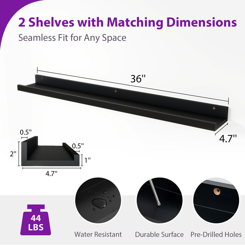 Tablette murale 2 pièces Darlicia, Noir, H 2 po x l 36 po x P 4,7 po