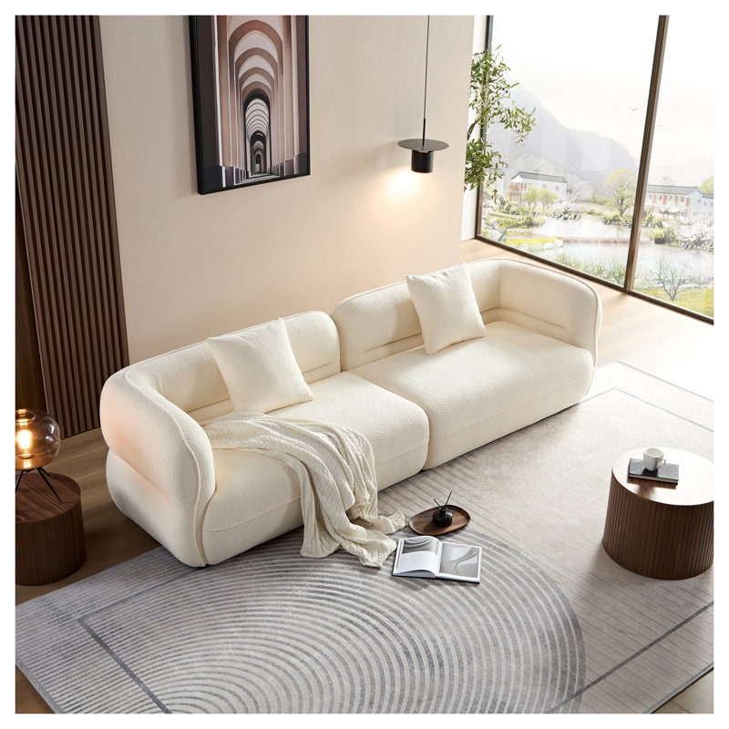 White 4-Seater Sectional Sofa with Solid Wood Frame and Throw Pillows