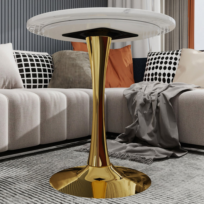 27.6-Inch Gold Coffee Table, Mid-Century Modern Style Dining Table, Accommodates 2-4 People, Featuring A Round White-Veined Marble Tabletop, Suitable For Various Settings.
