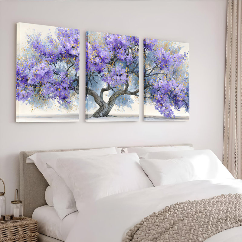 Ensemble de 3 tableaux sur toile représentant un arbre en fleurs violettes, pour la décoration du salon, H 30 po x l 60 po
