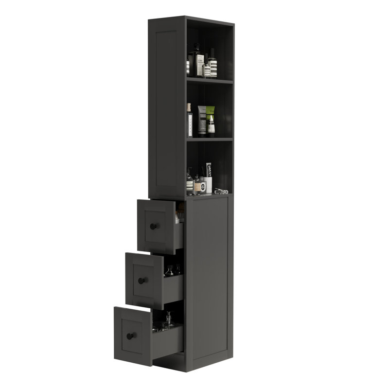 Grande armoire de rangement pour salle de bain avec 3 tablettes réglables, Noir, Single Door