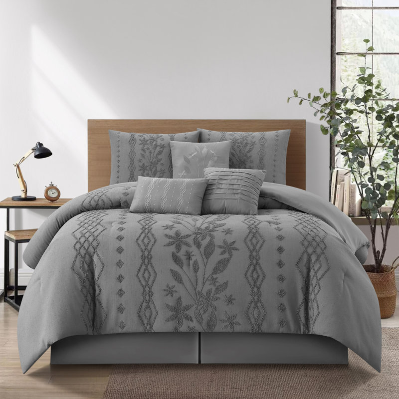 Amalthea 7 Piece Botanical Comforter Set, King Comforter + 6 Additional Pieces, Gray