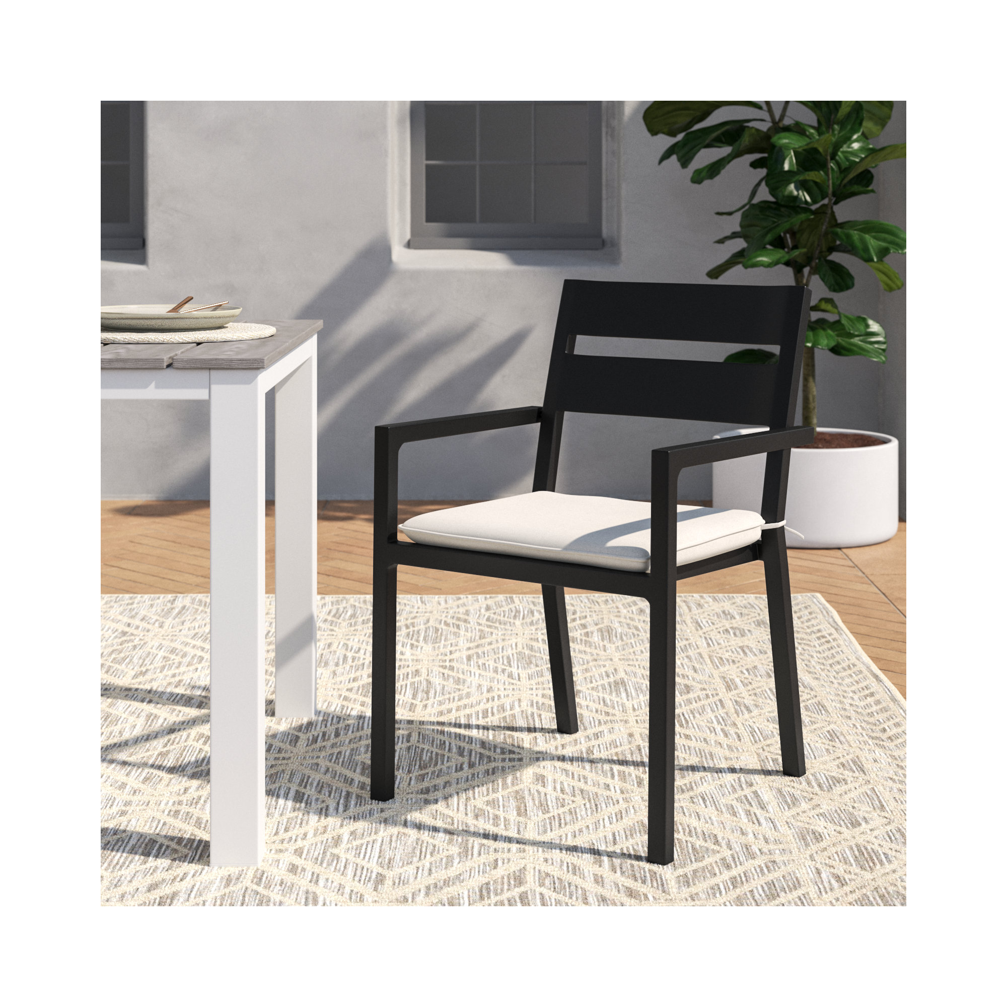 Vivant Aluminum Outdoor Dining Armchair with Cushion, Canvas Natural Sunbrella® Canvas, Black