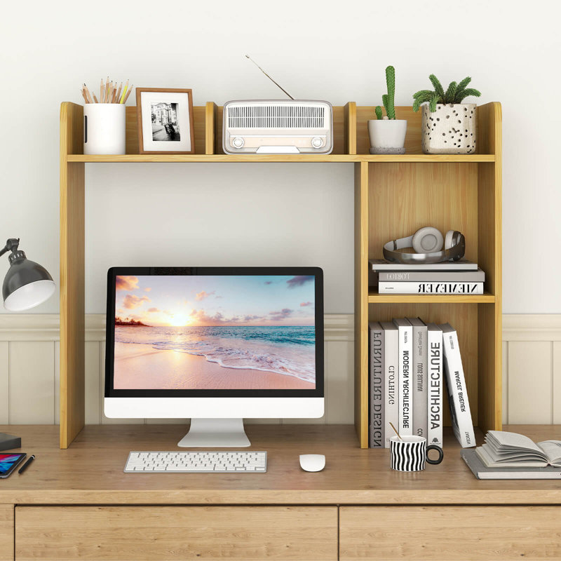 Desk Bookshelf Desktop Storage Shelf For Monitors Up To 27" With Anti-tip Kits Beige