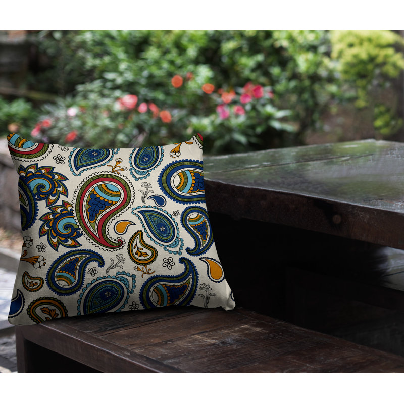 Coussin intérieur / extérieur réversible Hema Paisley, Bleu / vert / rouge / orange, Carré 19 po