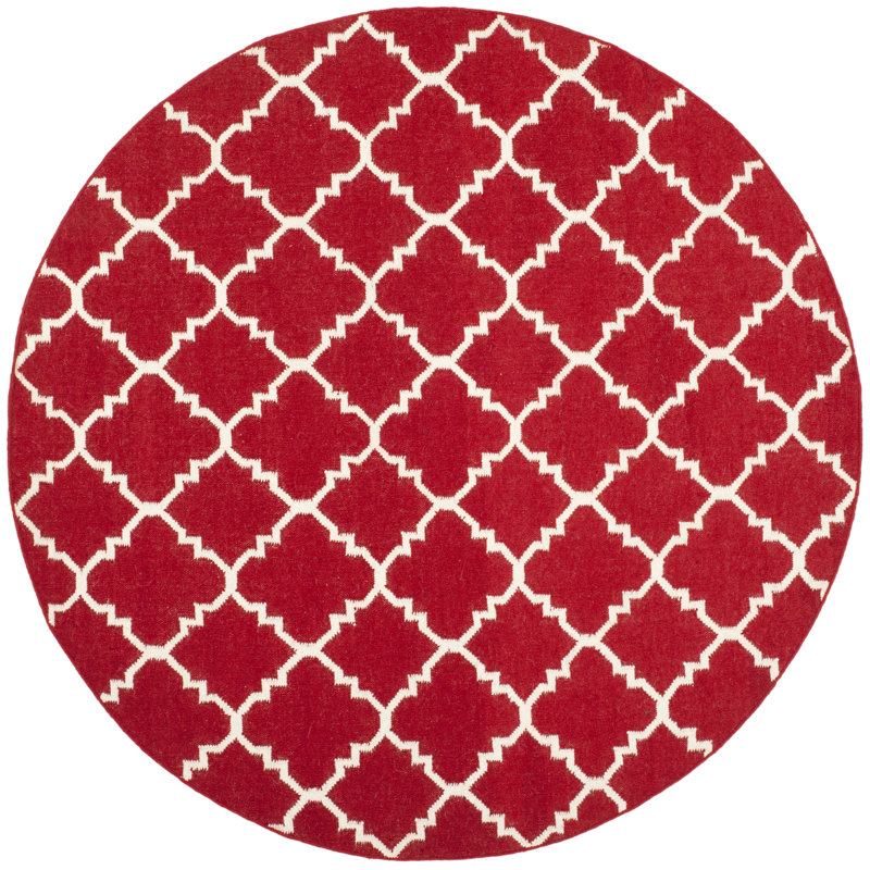 Rodgers Hand Woven Flat Weave Wool/Cotton Geometric Rug in Red/Ivory, Round 6'
