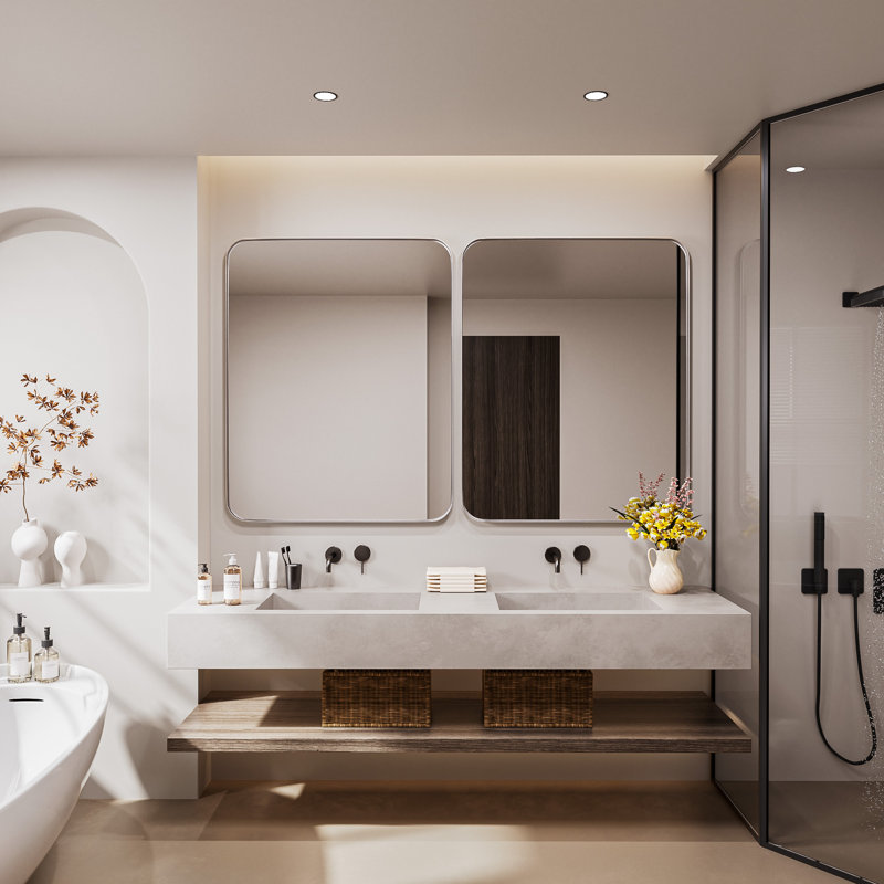 Cozy Design Tempered Glass Framed Wall-Mounted Bathroom Vanity Mirror, Silver, 32" x 40", Rectangle