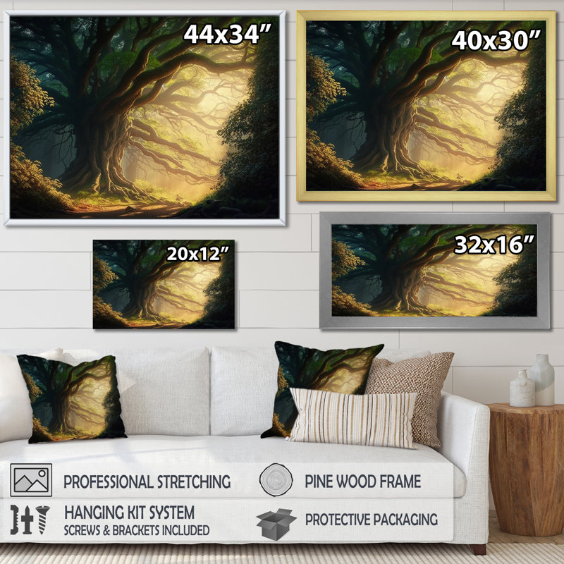 Soleil à travers les branches de l'arbre majestueux I - décoration murale forêt, H 34 po x l 44 po x P 1,5 po