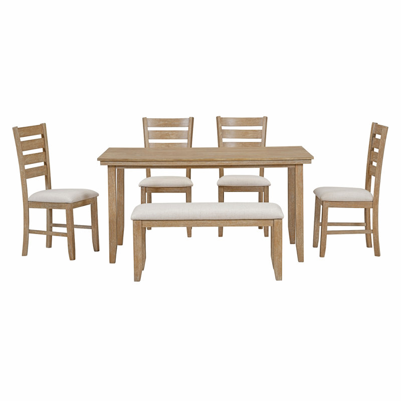 Table et chaises de salle à manger avec banc, ensemble de salle à manger en bois rustique, ensemble de 6, Beige, Naturel