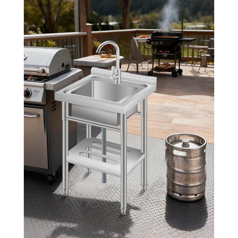 Évier utilitaire autoportant de 18 po, cuve simple commerciale en acier inoxydable avec support de rangement et robinet d'eau froide
