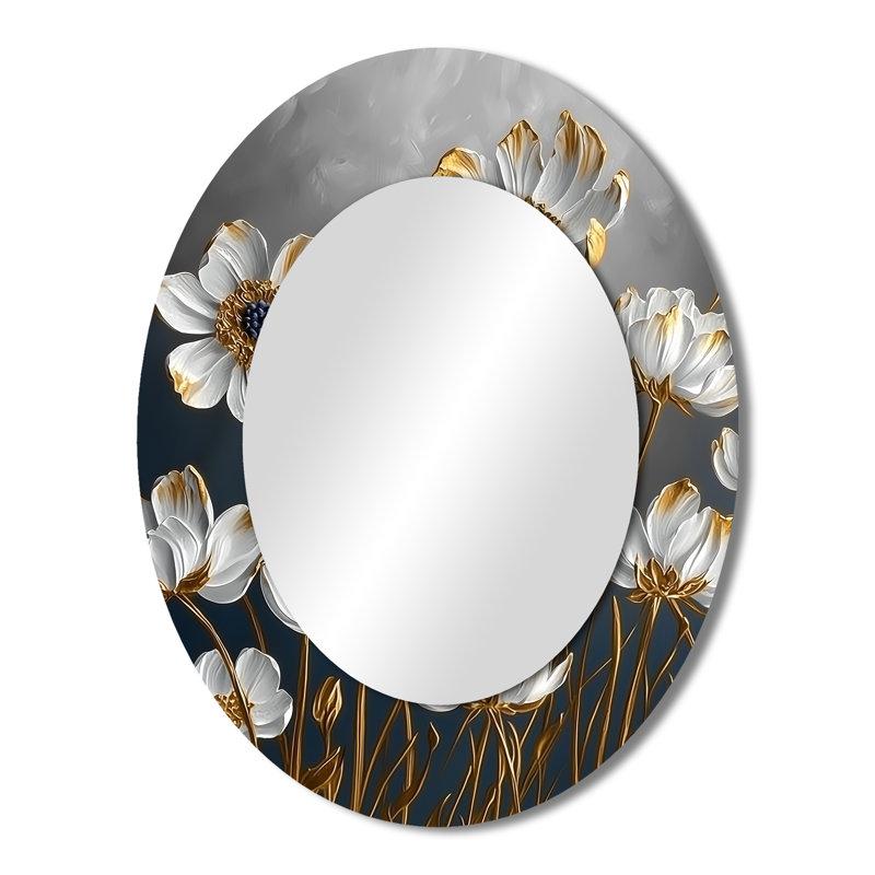 Cornflowers en blanc et or III - miroir mural ovale moderne, 43 po x 33 po