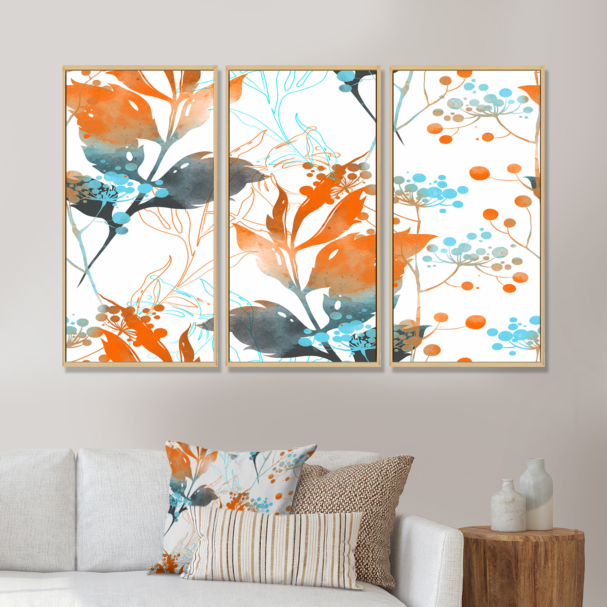 https://assets.wfcdn.com/im/54660356/compr-r85/2146/214617160/boho-orange-and-blue-leaves-framed-on-canvas-3-pieces-print.jpg