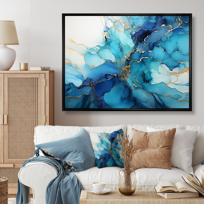Orage encre dorée et tempête bleue - Décoration murale abstraite, Cadre flottant noir, H 24 po x l 32 po