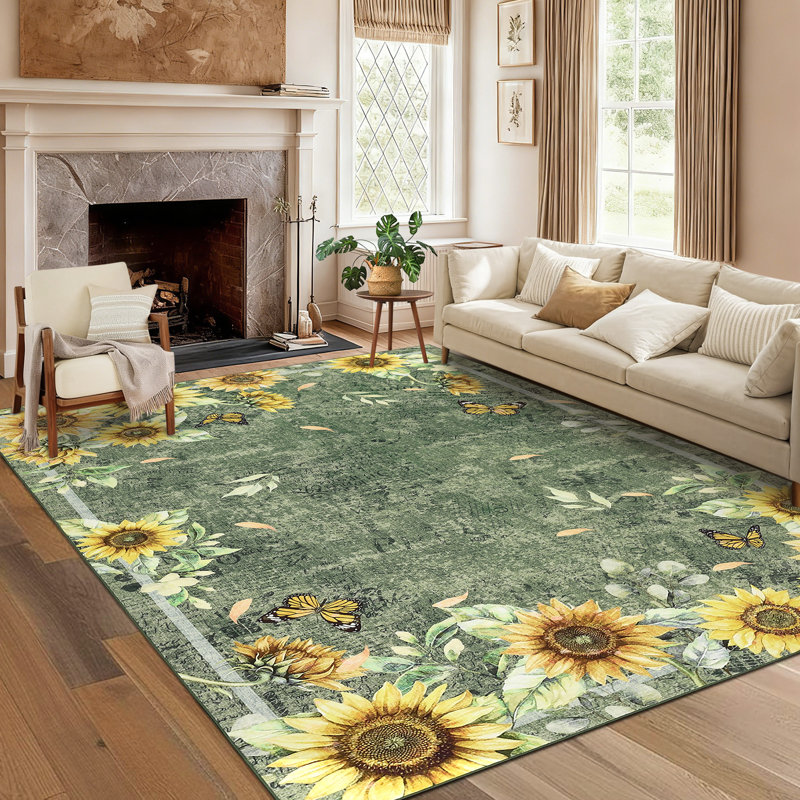 Sun flower Floral Machine Washable Rug Soft Non Slip Low Pile Foldable Thin Carpet for Living Room Bedroom Nursery Kids Room