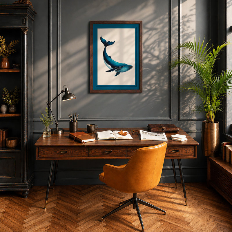 Drifting Whale Coastal - Framed Print, A2 - 59.4 x 42.0 cm, Walnut