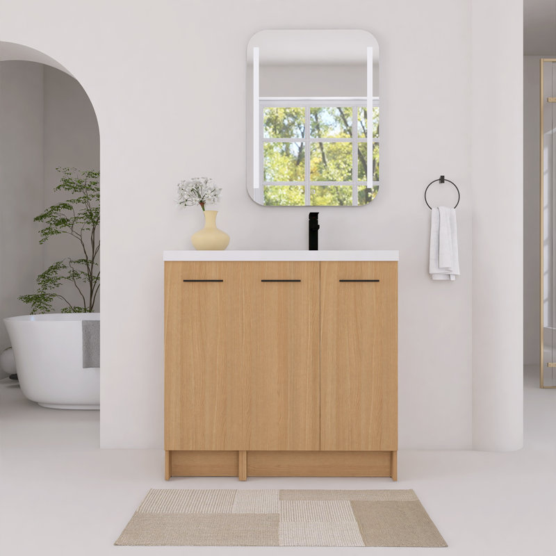 Ensemble de meuble-lavabo sur pied 36 po avec lavabo en résine blanche, portes à fermeture en douceur