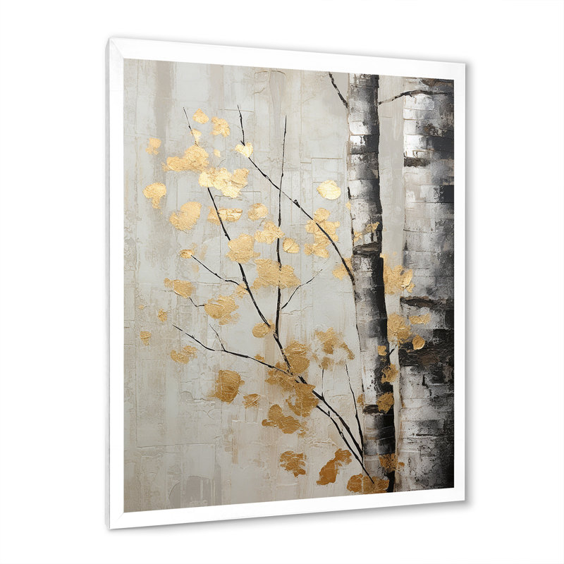 Tree Whispers Of Grey and Gold - Reproduction d'art sur toile encadrée monochrome, Cadre simple blanc