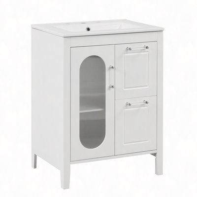 Meuble-lavabo 24 po avec lavabo, meuble-lavabo avec deux tiroirs et porte, tablette réglable, bois massif et panneau de fibres à densité moyenne