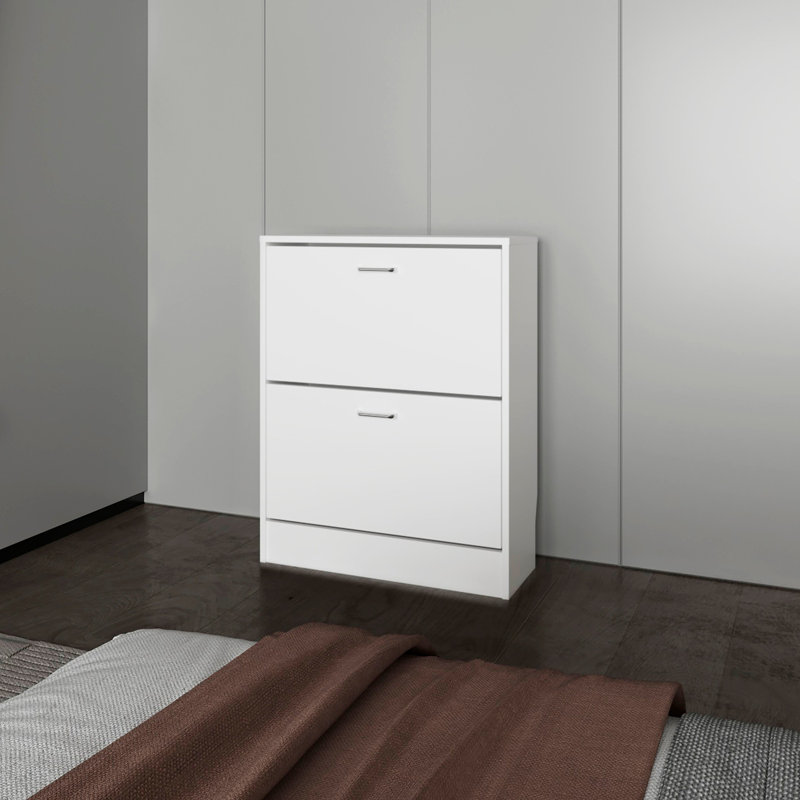 Armoire à chaussures Ozzy, 2 portes basculantes, conception mince, supports internes, style moderne, blanc, Blanc
