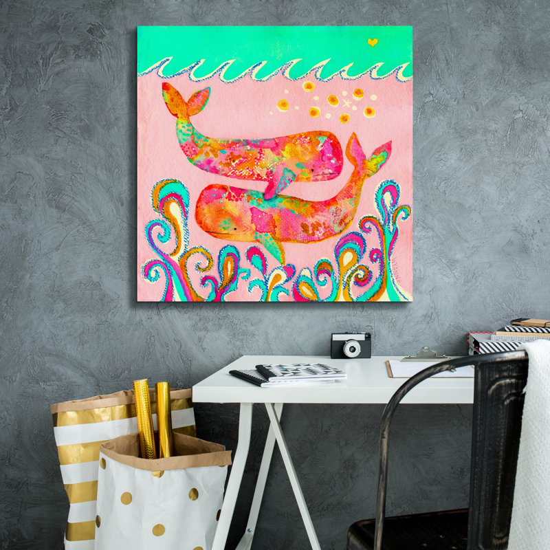 «Pink Whales» par Wyanne, art mural sur toile, H 26 po x l 26 po x P 1,5 po