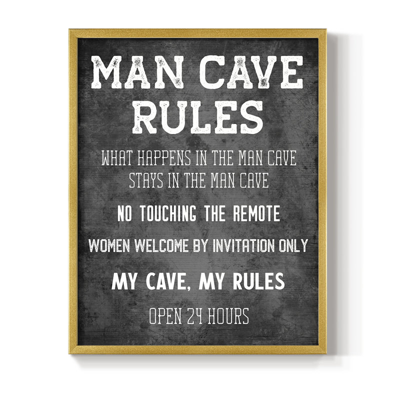 «Man Cave Rules», reproduction encadrée - bois massif, H 11 po x l 9 po, Doré