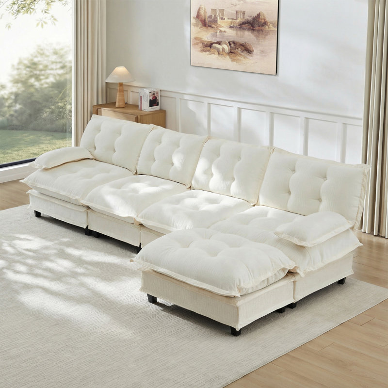 Canapé en forme de L de 138,5 po avec repose-pieds, pour salon, chambre à coucher et appartement, Chenille beige