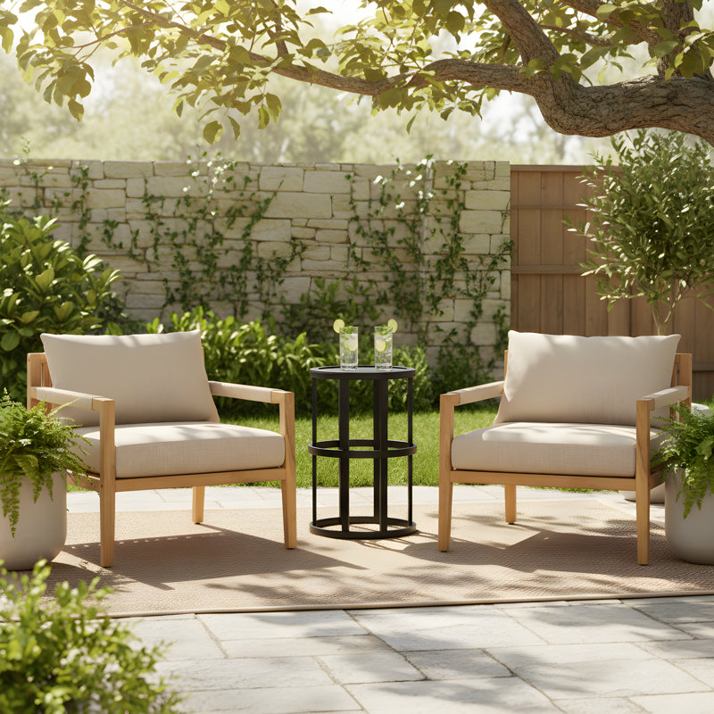 Nathan Outdoor 3-Piece Acacia Wood Conversation Set With Woven Rope & Cushions, 3 Pcs: Table, 2 Chairs