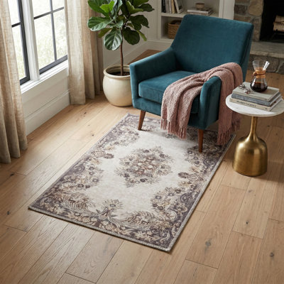 Zehorit Machine Washable Vintage Area Rug in Beige/Cream/Brown/Yellow for Living Room, Hallway Runner, Entryway Rug
