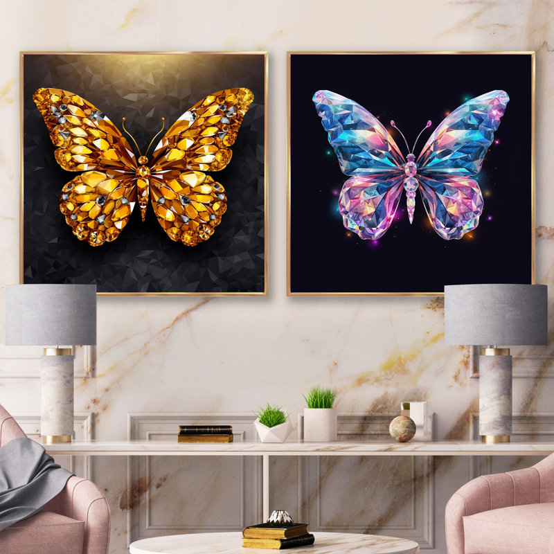 "Papillon rose et or" 2 pièces, Encadrement doré, H 36 po x l 73 po