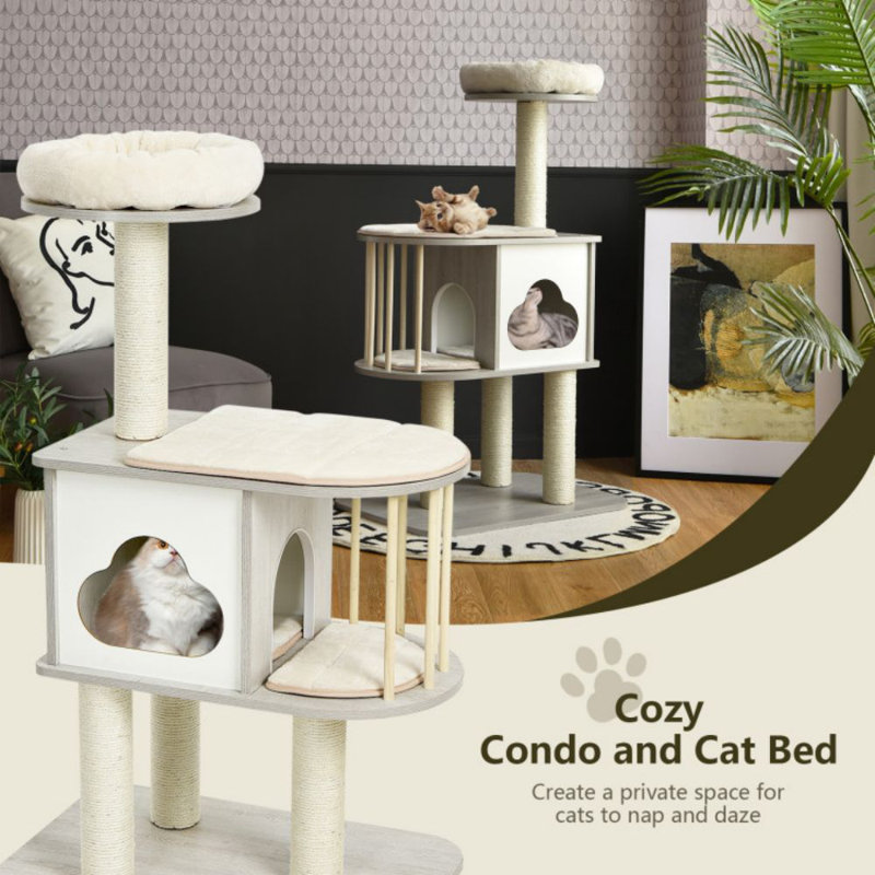 46'' Gray Wooden Cat Tree with Sisal Posts and Cushions