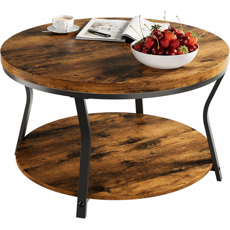 Table basse ronde, centre industriel moderne en bois à 2 niveaux avec plateau de table épaissi et structure en métal, brun rustique