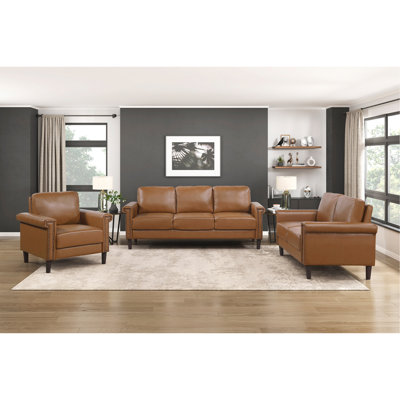 Classic Brown Sofa Set 3pc Sofa Loveseat Chair Faux Leather Upholstered Nailhead Trim Plywood Living Room Furniture