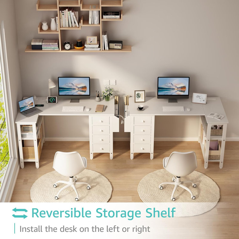 Built-in Outlets L-Shaped Computer Desk with Drawers & Storage Shelves, 29.5" H x 47.2" W x 26.8" D, White