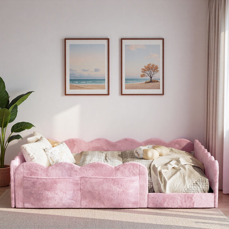 Lit rembourré pour enfants avec garde-corps en forme de vague et poches de rangement latérales, Lit double, Rose