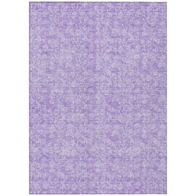 10' X 14' Lilac And Ivory Floral Washable Indoor Outdoor Area Rug