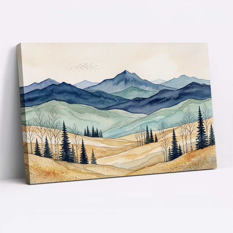 Paysage de montagne à l'aquarelle avec des pins, tableau sur toile, 12"H x 18"W