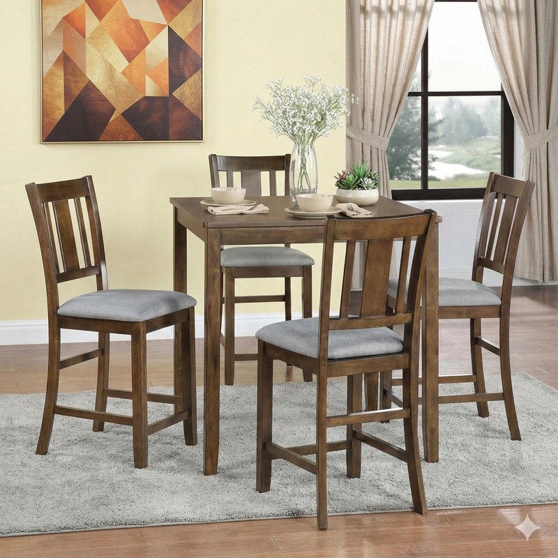 Ensemble de salle à manger 5 pièces, comprenant une table carrée en bois et 4 chaises rembourrées, ensemble de cuisine à hauteur de comptoir pour petits espaces, finition noyer