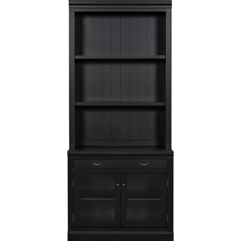 83.4" Tall Rectangle Black Modern Bookcase With Glass Doors And Drawer For Bedroom Decor, High - Quality Metal Handles Shelves 2 1 Home Office Use, Rust Slide Stable Structure